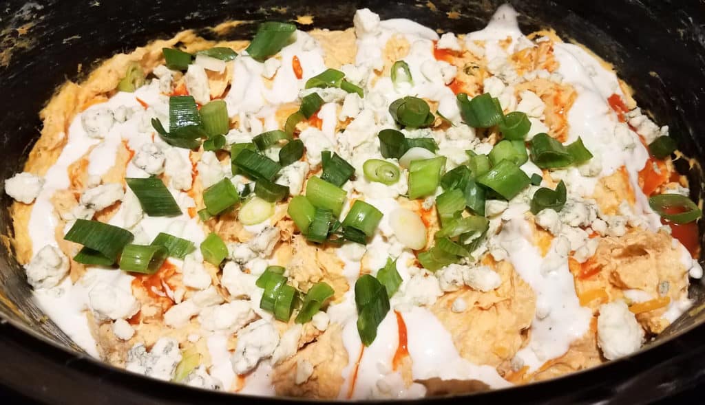 Buffalo chicken dip recipe in a crockpot.