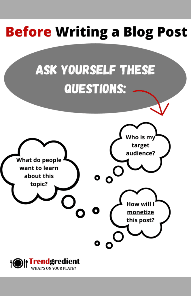 Printable for food bloggers that shows three questions to ask yourself before your write a blog post.