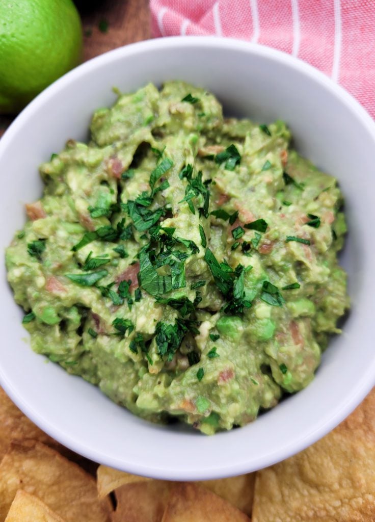 Close up of 4 ingredient guacamole in a white bowl