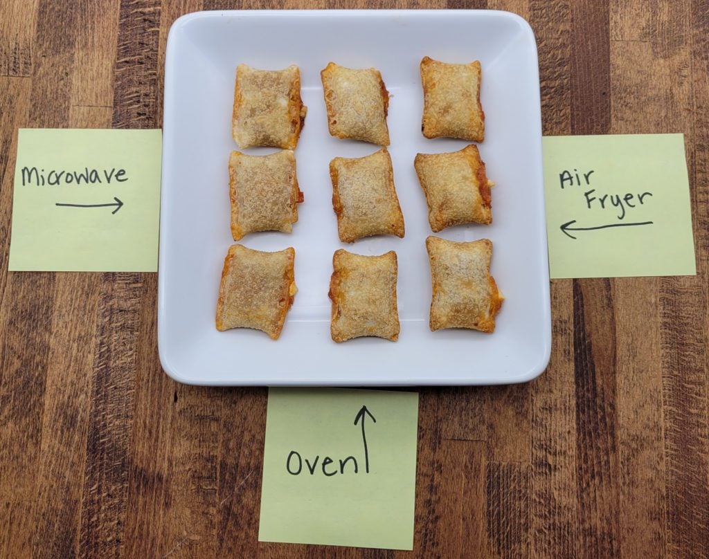Comparison of microwaved, oven baked, and air fried pizza rolls