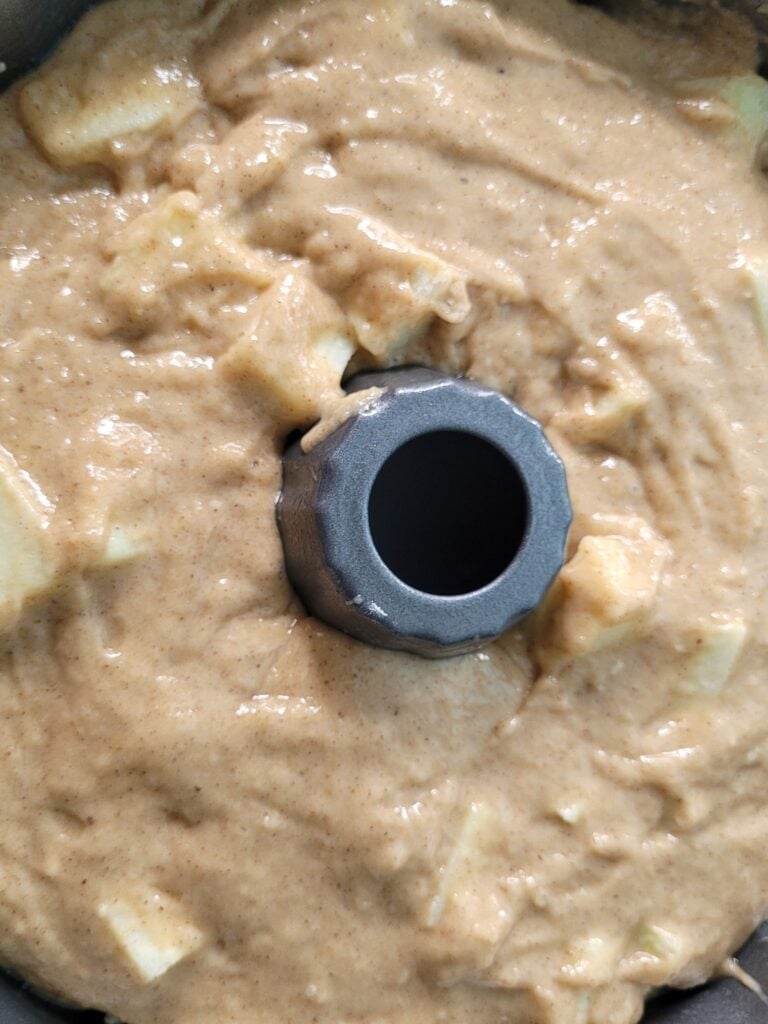 Apple upside down bundt cake ready to go in the oven