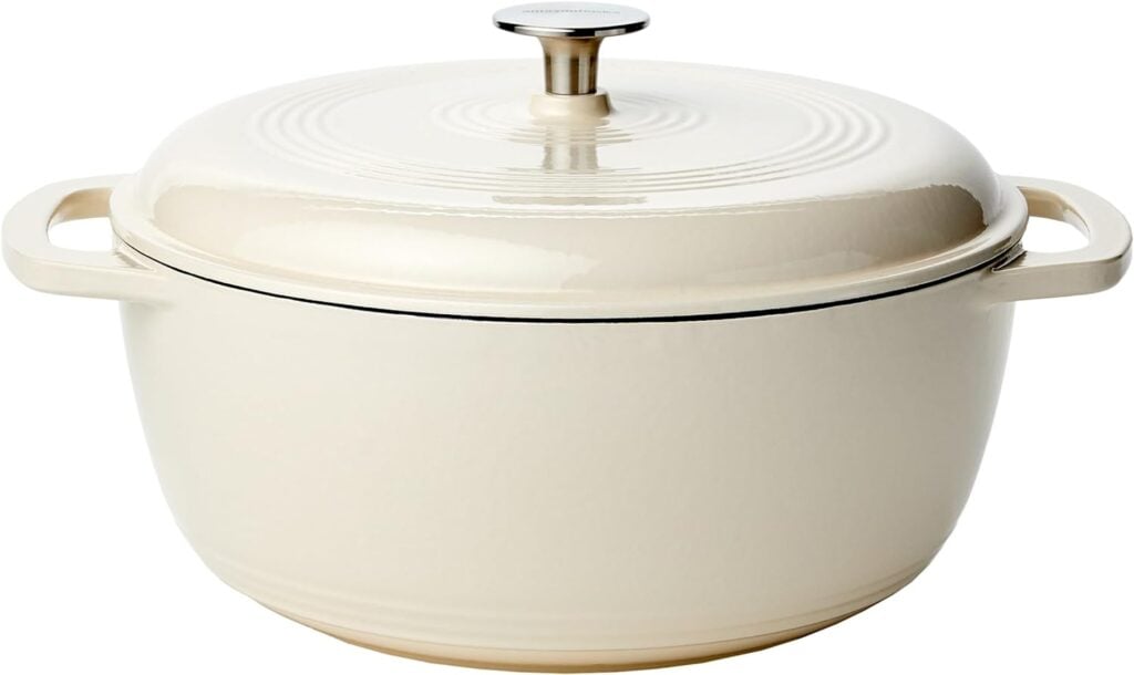 White Amazon Basics enameled cast iron Dutch oven