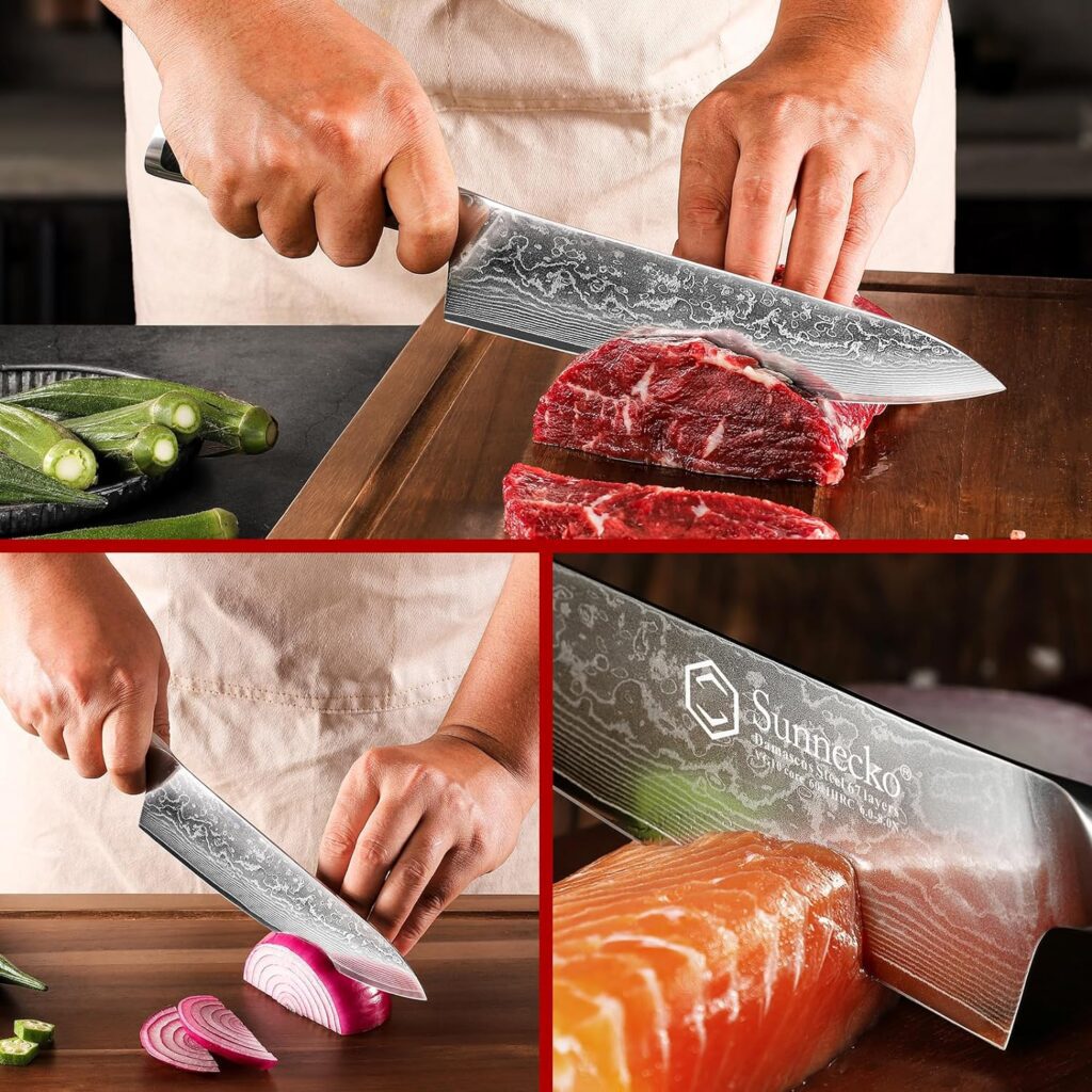 Damascus knife chopping beef, salmon, and a red onion